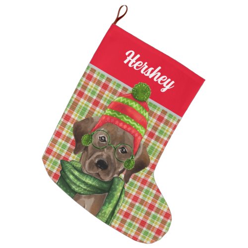 Brown Labrador Retriever Red Plaid with Dogs Name Large Christmas Stocking