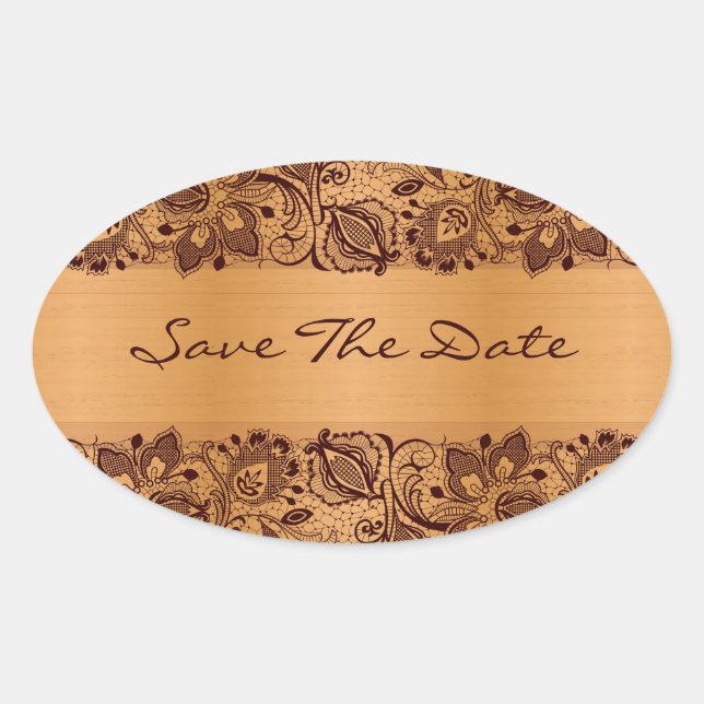 Brown Lace Blond Wood Grain Save The Date Oval Sticker (Front)