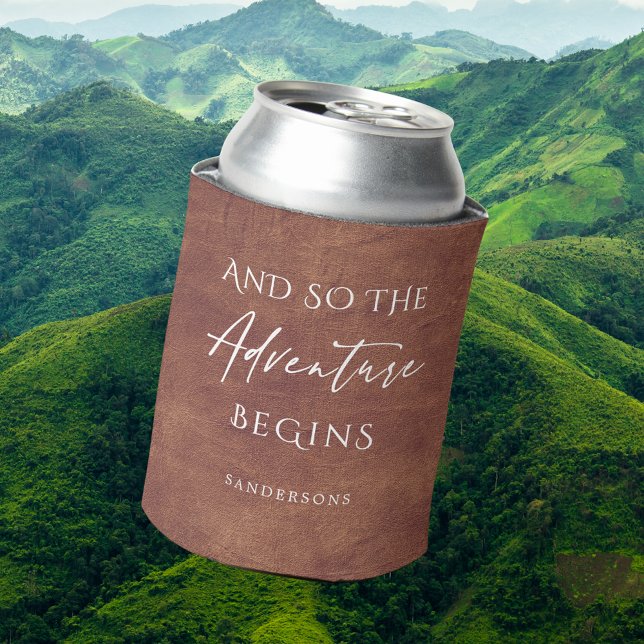 Brown Leather Adventure Personalized Can Cooler (Creator Uploaded)