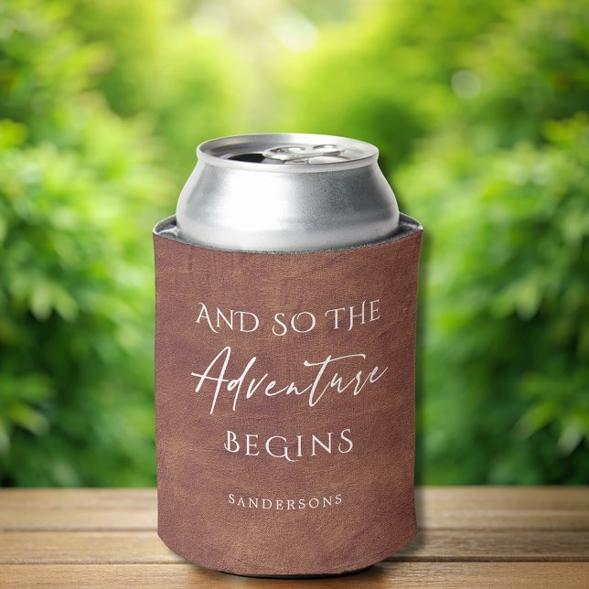 Brown Leather Adventure Personalized Can Cooler (Creator Uploaded)
