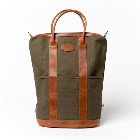 Brown Leather And Green Canvas Helmet Bag