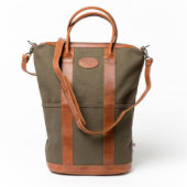 Brown Leather and Green Canvas Helmet Bag (Front w/Glasses)