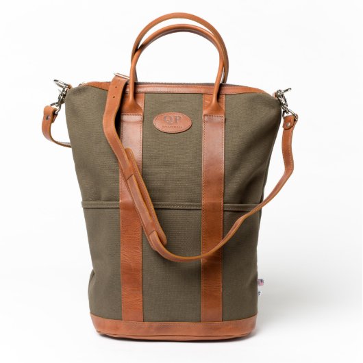 Brown Leather and Green Canvas Helmet Bag (Front w/Glasses)