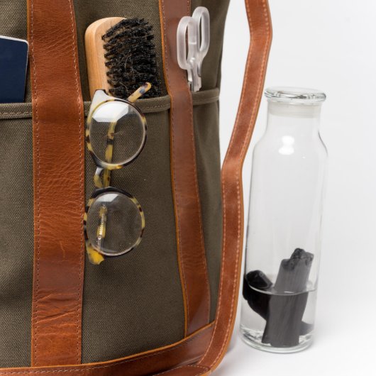 Brown Leather and Green Canvas Helmet Bag (Detail)