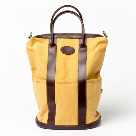 Brown Leather And Yellow Canvas Helmet Bag