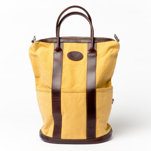 Brown Leather and Yellow Canvas Helmet Bag (Front)