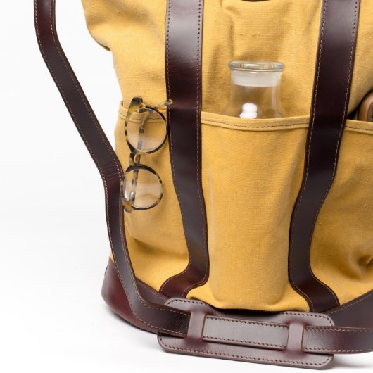 Brown Leather and Yellow Canvas Helmet Bag (Detail)