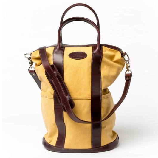 Brown Leather and Yellow Canvas Helmet Bag (Front w/Glasses)