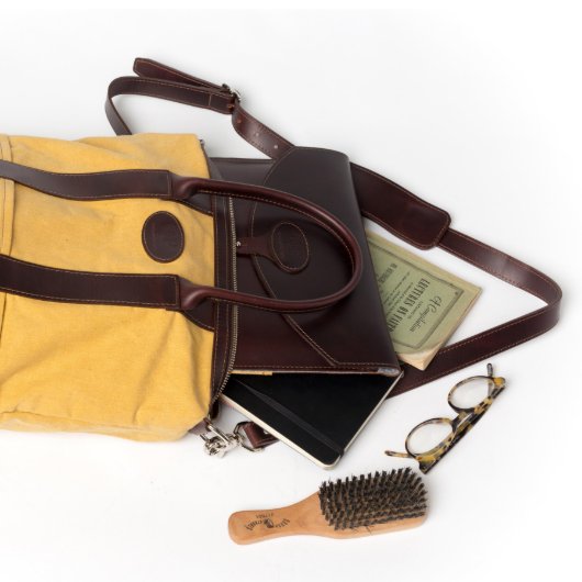 Brown Leather and Yellow Canvas Large Helmet Bag (Contents)