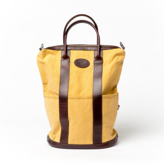 Brown Leather and Yellow Canvas Large Helmet Bag (Front)
