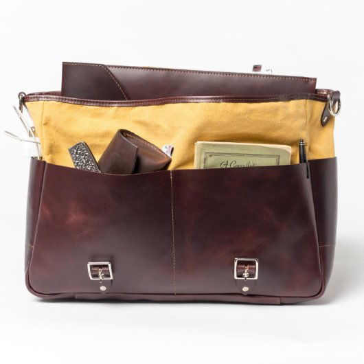 Brown Leather and Yellow Canvas Messenger Backpack (Open)