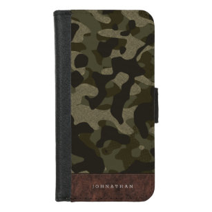 Brown Leather & Army Green Camouflage Pattern Name iPhone 8/7 Wallet Case
