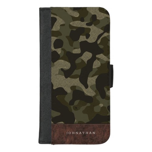 Brown Leather  Army Green Camouflage Pattern Name iPhone 87 Plus Wallet Case