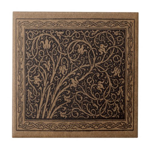 Brown Leather Art Nouveau Floral Ceramic Tile