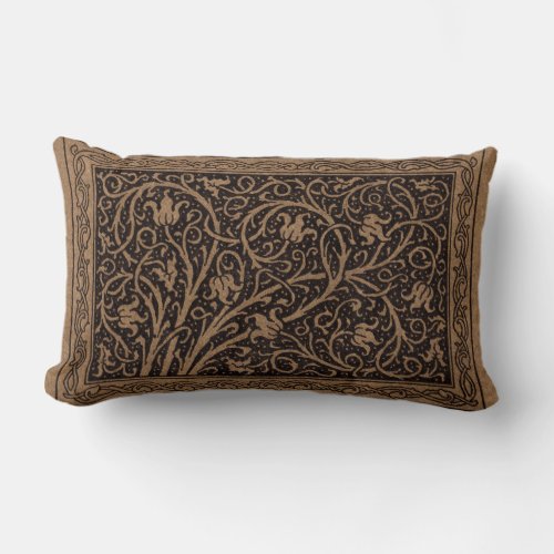 Brown Leather Art Nouveau Floral Lumbar Pillow