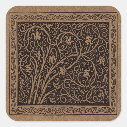 Brown Leather Art Nouveau Floral Square Sticker