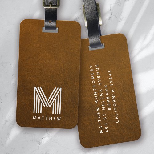 Brown Leather Bold Monogram Masculine  Luggage Tag