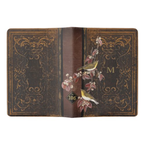 Brown Leather Book Vintage Wren Bird Gold Initial 