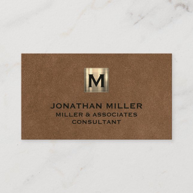 Brown Leather Brushed Gold Monogram Business Card (Front)