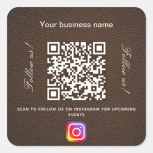 Brown leather business name qr code instagram square sticker