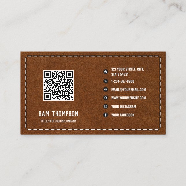 Brown Leather Business QR Code Social Media Card (Front)