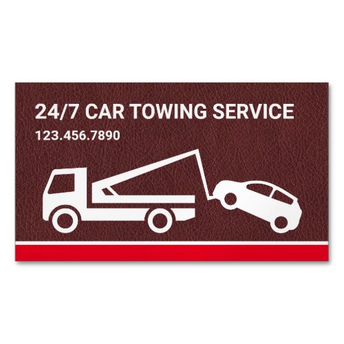 Brown Leather Car Towing Service Tow Truck Business Card Magnet