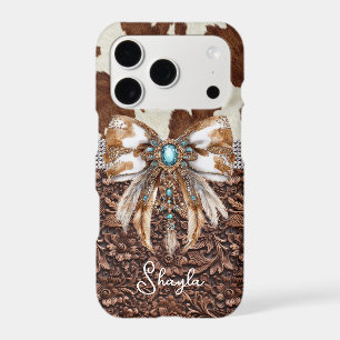 Brown Leather Cowhide Jewelled Bow Monogrammed iPhone 17 Pro Case