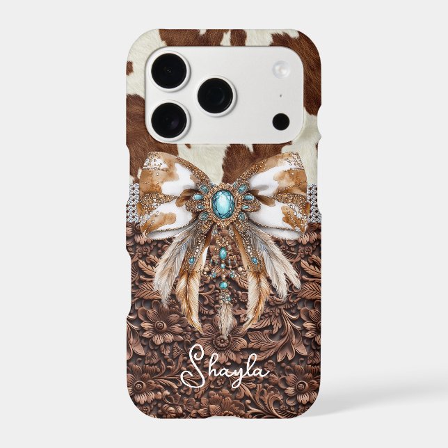 Brown Leather Cowhide Jewelled Bow Monogrammed Case-Mate iPhone Case (Back)