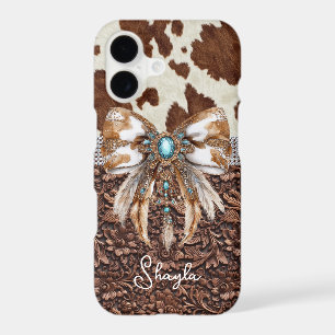 Brown Leather Cowhide Jewelled Bow Monogrammed iPhone 17 Case