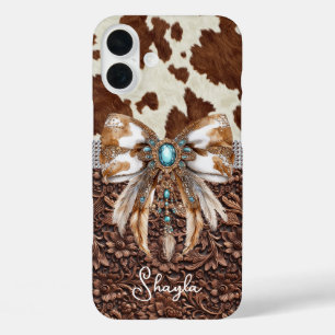 Brown Leather Cowhide Jewelled Bow Monogrammed iPhone 16 Plus Case