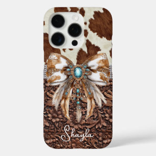Brown Leather Cowhide Jewelled Bow Monogrammed iPhone 16 Pro Case