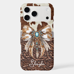 Brown Leather Cowhide Jewelled Bow Monogrammed iPhone 17 Pro Max Case