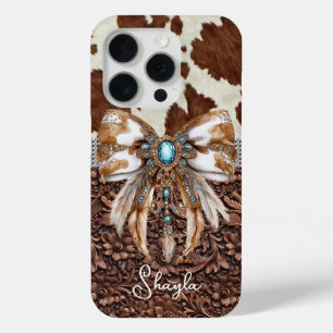 Brown Leather Cowhide Jewelled Bow Monogrammed iPhone 15 Pro Case