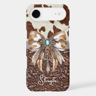 Brown Leather Cowhide Jewelled Bow Monogrammed iPhone 17 Air Case