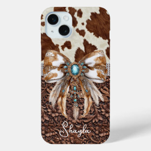 Brown Leather Cowhide Jewelled Bow Monogrammed iPhone 15 Plus Case