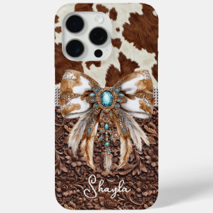 Brown Leather Cowhide Jewelled Bow Monogrammed iPhone 15 Pro Max Case