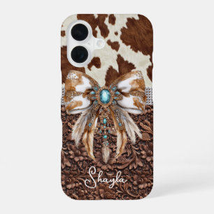 Brown Leather Cowhide Jewelled Bow Monogrammed iPhone 16 Case
