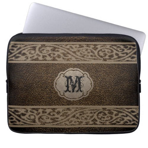 Brown Leather Custom Monogram Laptop Sleeve