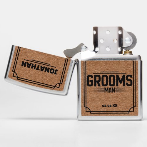 Brown Leather Custom Name Wedding Groomsman  Zippo Lighter