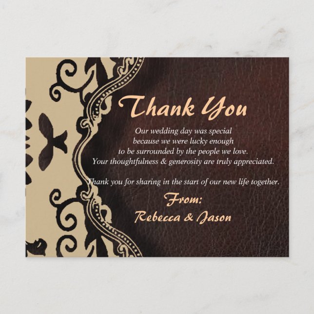 brown leather damask country wedding thank you postcard (Front)