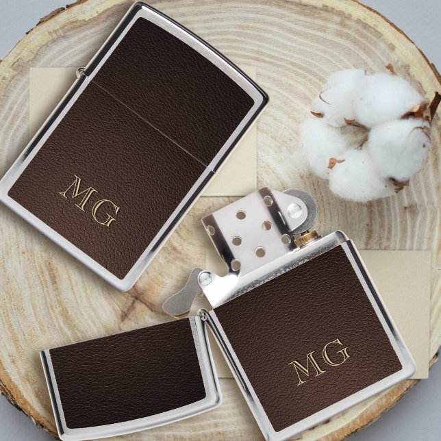 Brown Leather Elegant Gold Monogrammed Initials Zippo Lighter (Creator Uploaded)