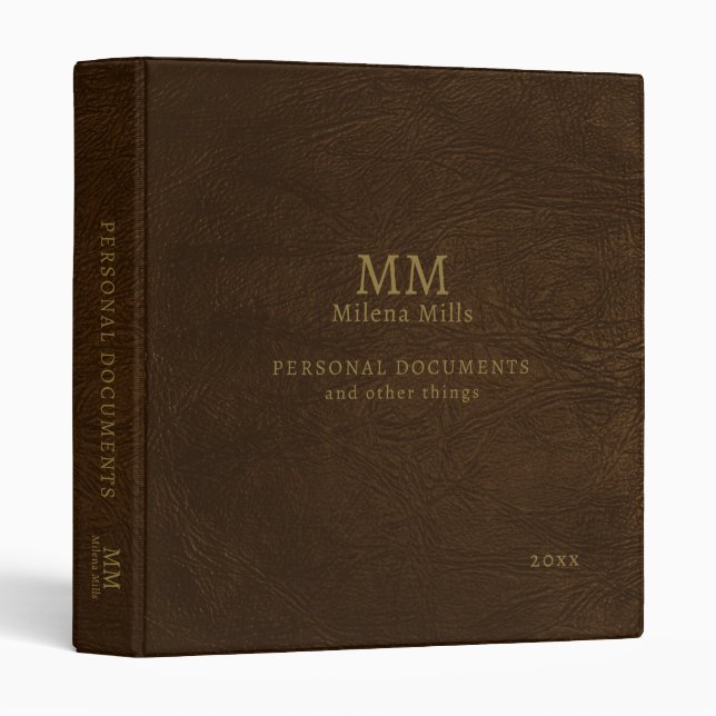 Brown Leather Elegantly Monogrammed Documents 3 Ring Binder (Front/Spine)