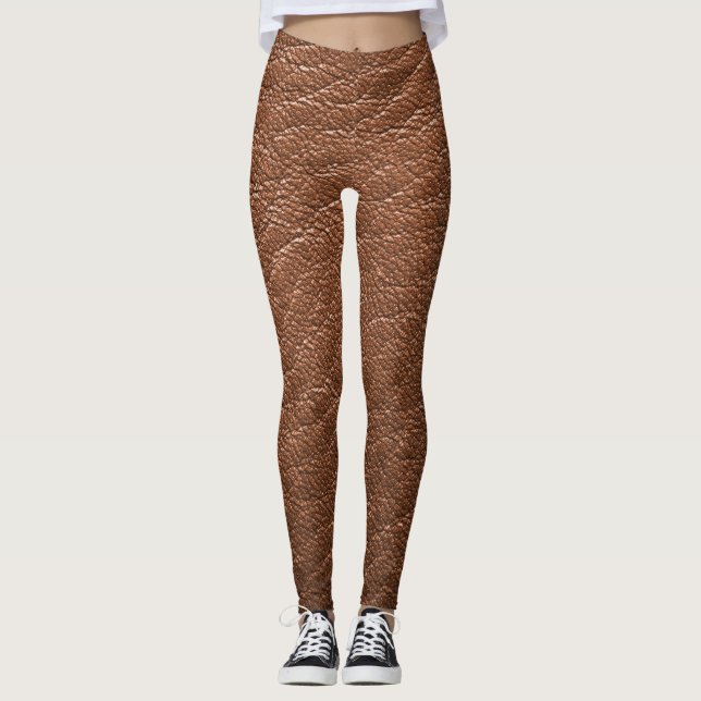 Brown Leather Faux Texture Pattern Yoga Pants  (Front)