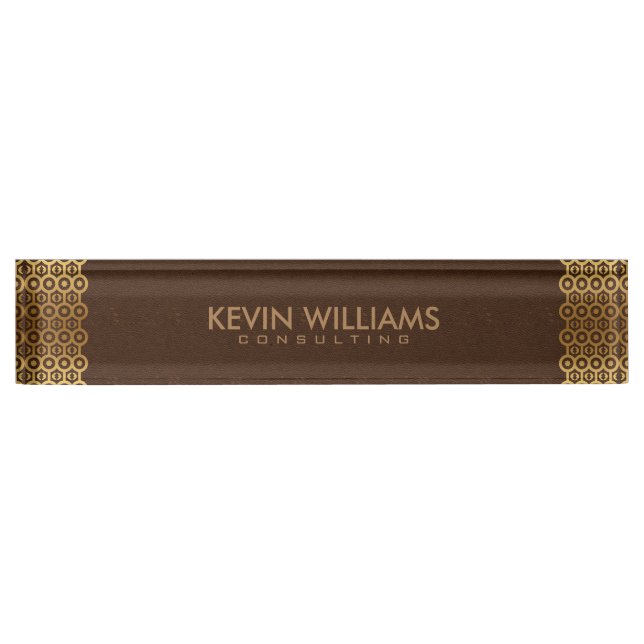 Brown Leather Gold Border Frame Desk Name Plate (Front)