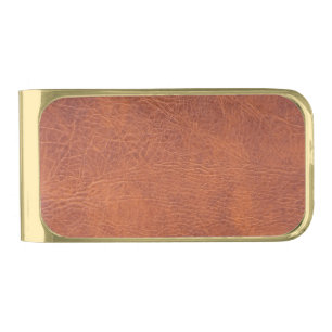 Brown leather gold finish money clip