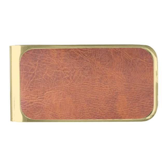 Brown leather gold finish money clip (Front)