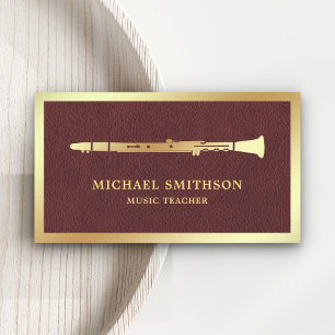 Brown Leather Gold Foil Clarinet Music Teacher Business Card