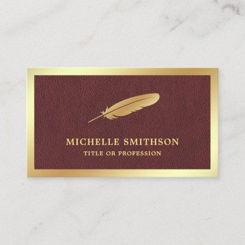 Brown Leather Gold Foil Feather Vintage Quill Pen Business Card