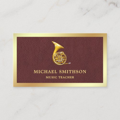Brown Leather Gold Foil French Horn Music Teacher Business Card