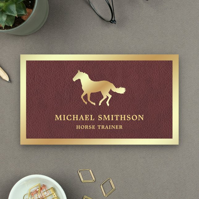 Brown Leather Gold Foil Horse Riding Instructor Business Card (Creator Uploaded)